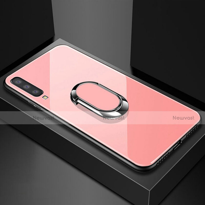 Silicone Frame Mirror Case Cover with Magnetic Finger Ring Stand for Samsung Galaxy A70 Rose Gold