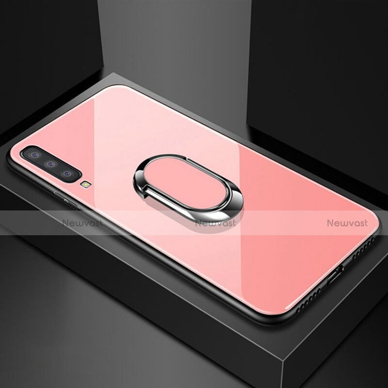 Silicone Frame Mirror Case Cover with Magnetic Finger Ring Stand for Samsung Galaxy A70S Rose Gold