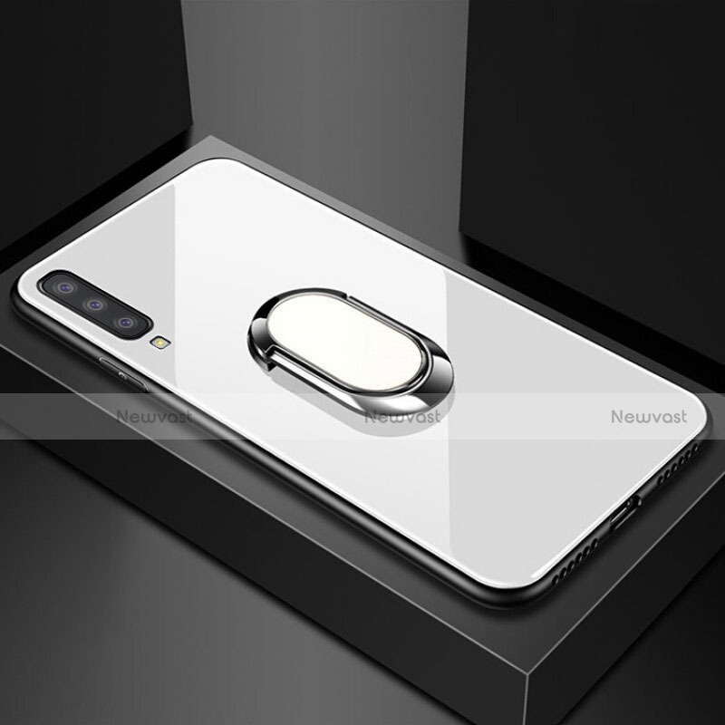 Silicone Frame Mirror Case Cover with Magnetic Finger Ring Stand for Samsung Galaxy A70S White