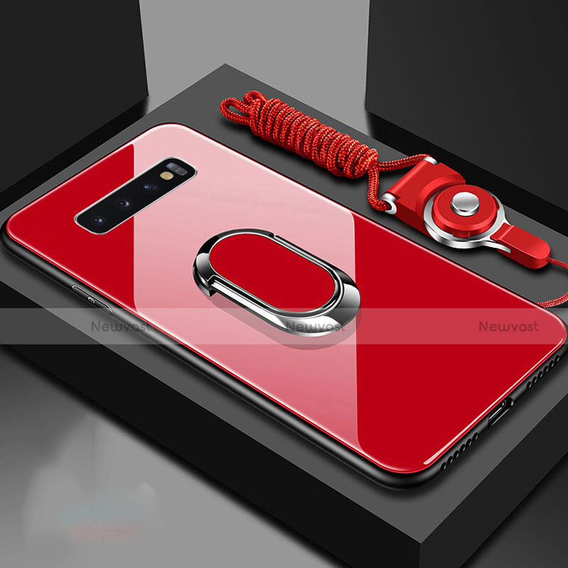 Silicone Frame Mirror Case Cover with Magnetic Finger Ring Stand for Samsung Galaxy S10 Red