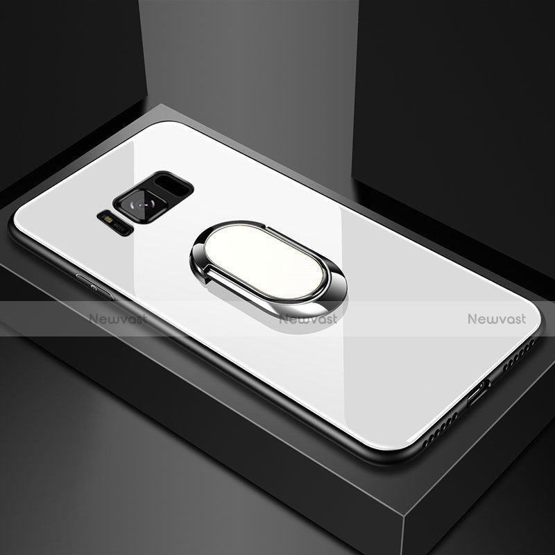 Silicone Frame Mirror Case Cover with Magnetic Finger Ring Stand for Samsung Galaxy S8 Plus White