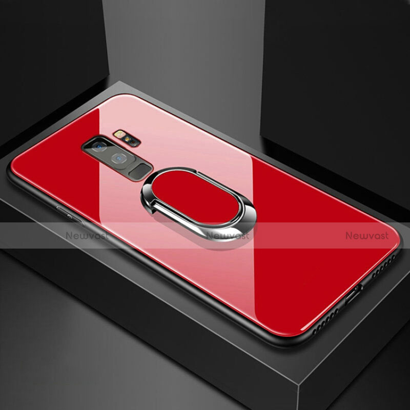 Silicone Frame Mirror Case Cover with Magnetic Finger Ring Stand for Samsung Galaxy S9 Plus Red