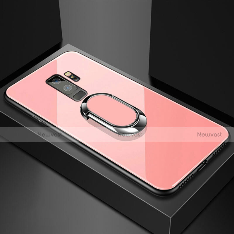 Silicone Frame Mirror Case Cover with Magnetic Finger Ring Stand for Samsung Galaxy S9 Plus Rose Gold