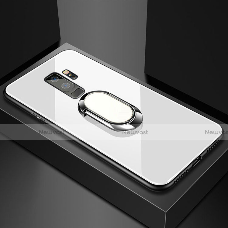 Silicone Frame Mirror Case Cover with Magnetic Finger Ring Stand for Samsung Galaxy S9 Plus White