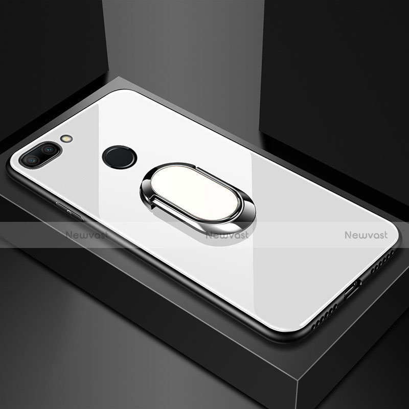 Silicone Frame Mirror Case Cover with Magnetic Finger Ring Stand for Xiaomi Mi 8 Lite White