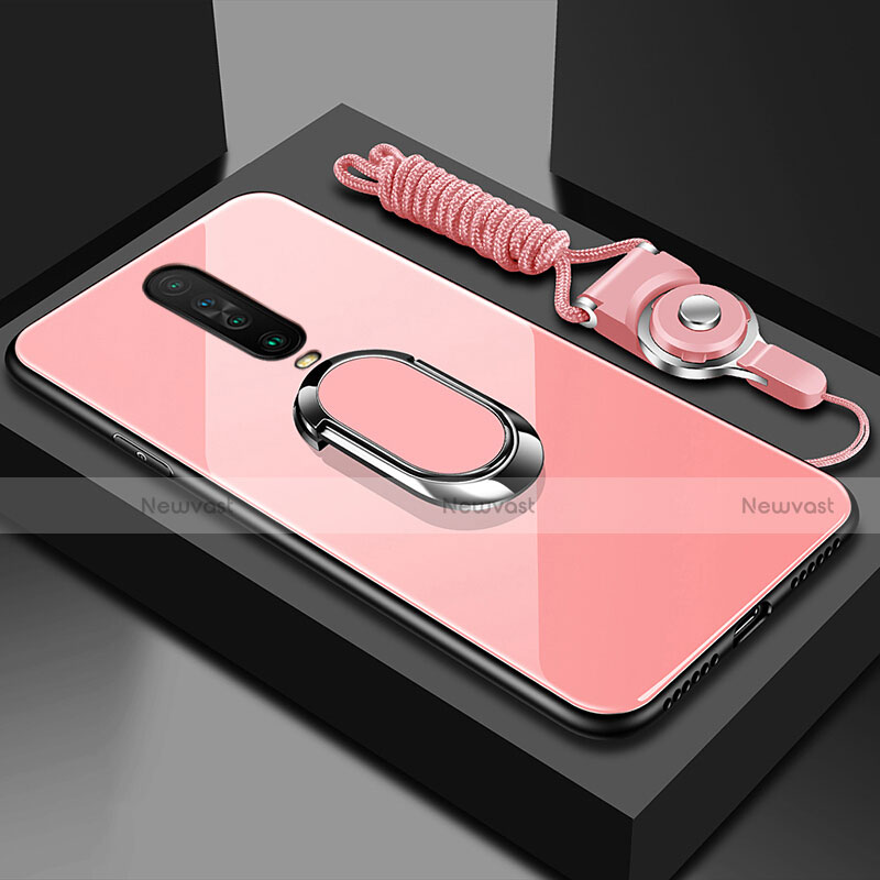 Silicone Frame Mirror Case Cover with Magnetic Finger Ring Stand for Xiaomi Poco X2 Pink