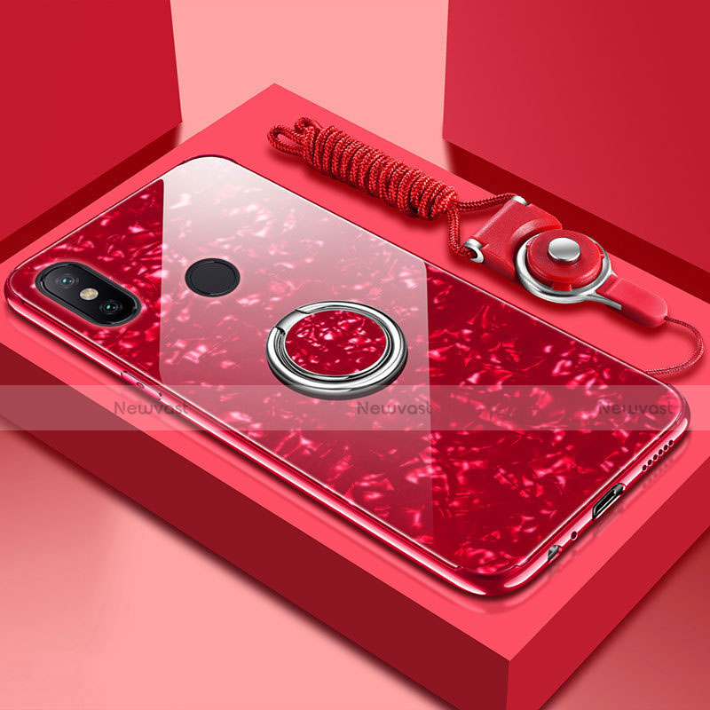 Silicone Frame Mirror Case Cover with Magnetic Finger Ring Stand for Xiaomi Redmi 6 Pro Red