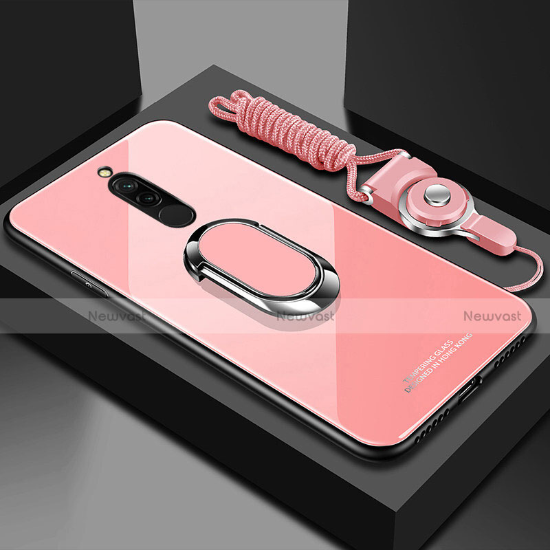 Silicone Frame Mirror Case Cover with Magnetic Finger Ring Stand for Xiaomi Redmi 8 Pink