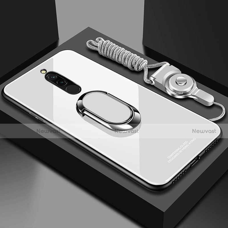 Silicone Frame Mirror Case Cover with Magnetic Finger Ring Stand for Xiaomi Redmi 8 White