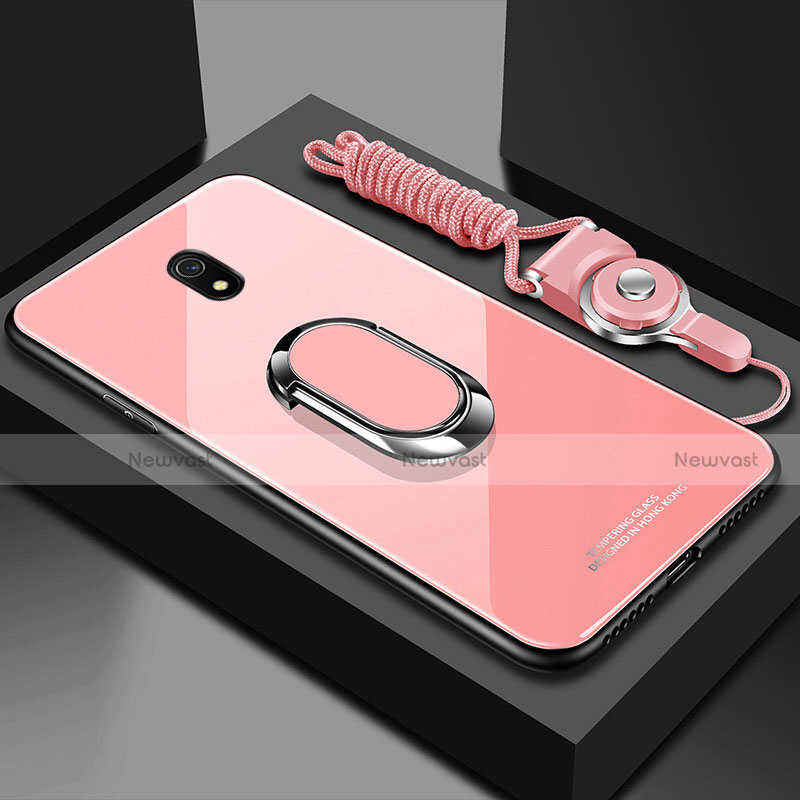 Silicone Frame Mirror Case Cover with Magnetic Finger Ring Stand for Xiaomi Redmi 8A Pink