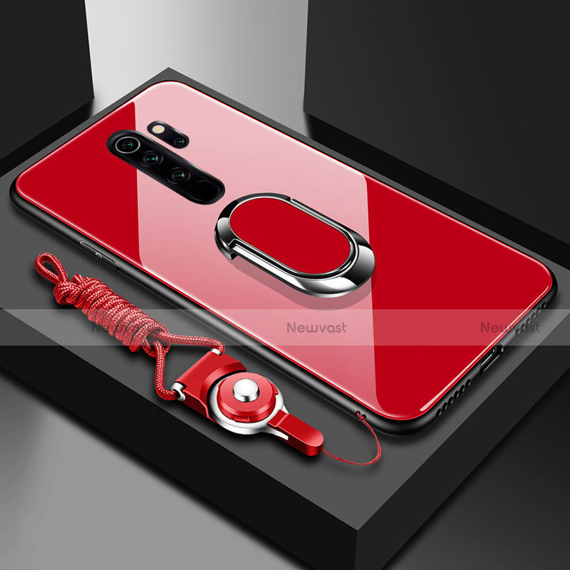 Silicone Frame Mirror Case Cover with Magnetic Finger Ring Stand for Xiaomi Redmi Note 8 Pro Red