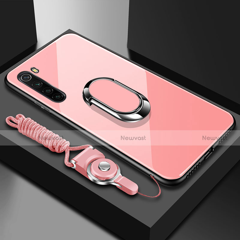 Silicone Frame Mirror Case Cover with Magnetic Finger Ring Stand for Xiaomi Redmi Note 8 Rose Gold