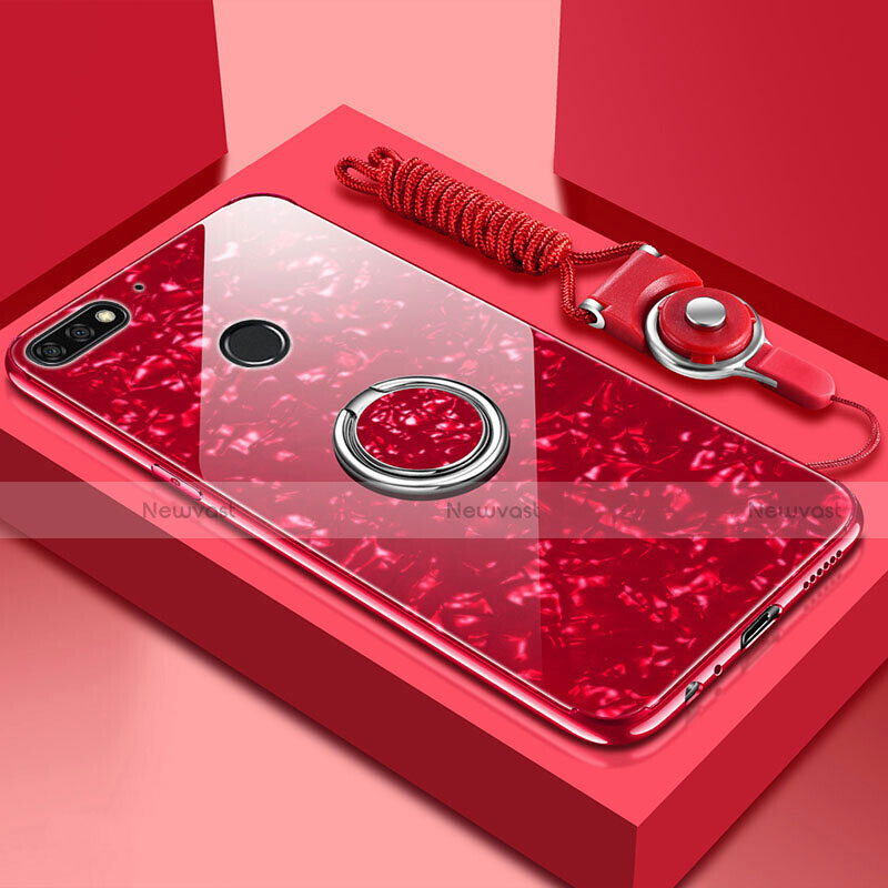 Silicone Frame Mirror Case Cover with Magnetic Finger Ring Stand M01 for Huawei Y6 Prime (2018) Red