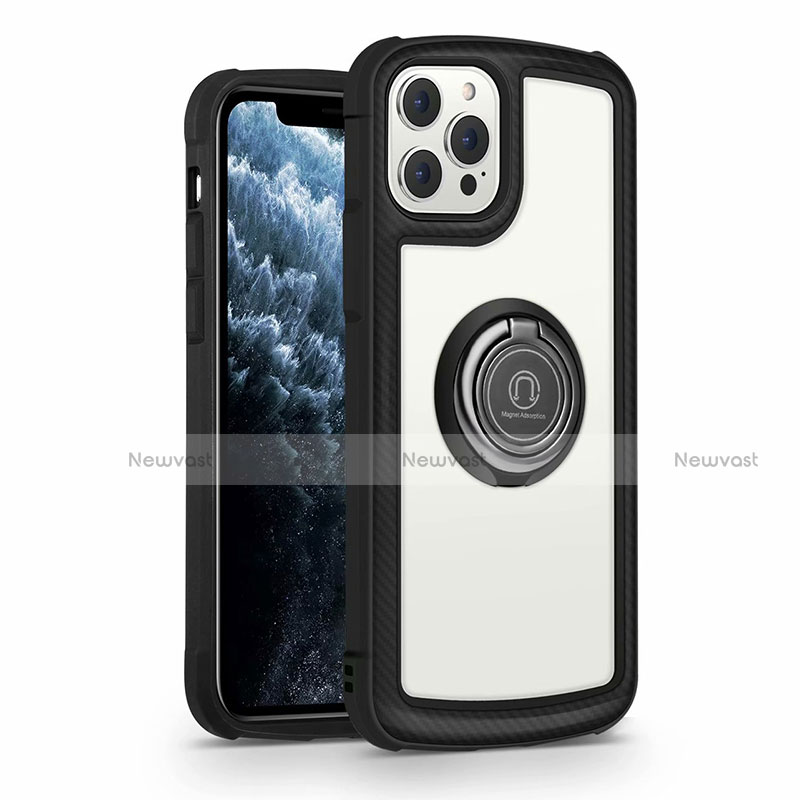 Silicone Frame Mirror Case Cover with Magnetic Finger Ring Stand N01 for Apple iPhone 12 Pro Max Black