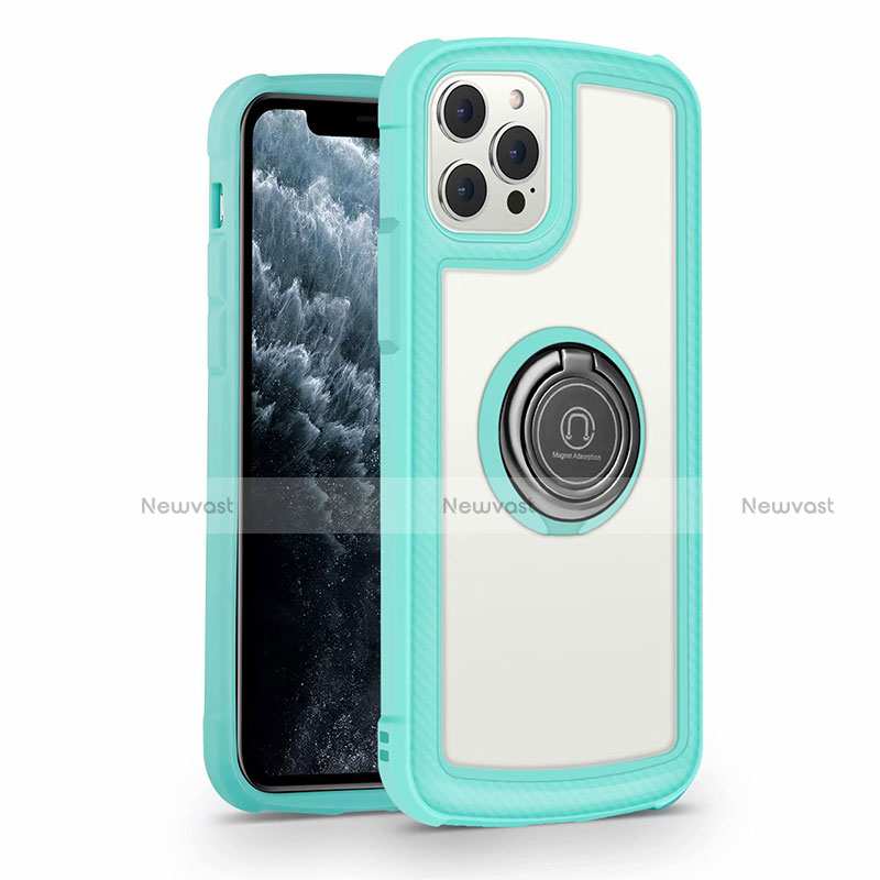 Silicone Frame Mirror Case Cover with Magnetic Finger Ring Stand N01 for Apple iPhone 12 Pro Max Cyan