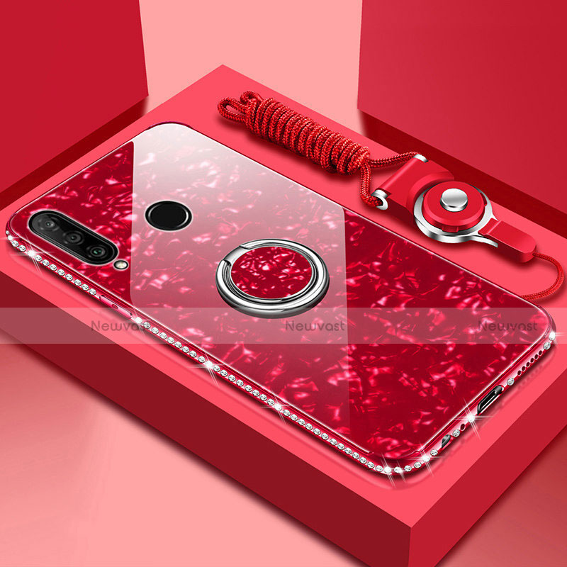 Silicone Frame Mirror Case Cover with Magnetic Finger Ring Stand T01 for Huawei Honor 20E Red