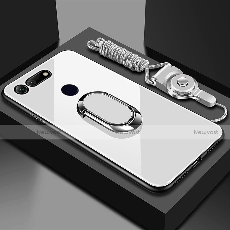 Silicone Frame Mirror Case Cover with Magnetic Finger Ring Stand T01 for Huawei Honor V20 White