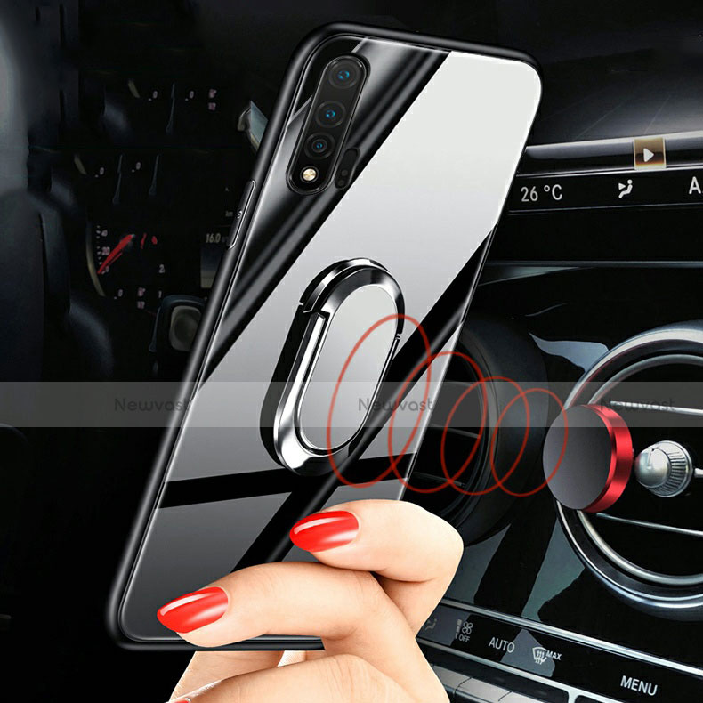 Silicone Frame Mirror Case Cover with Magnetic Finger Ring Stand T01 for Huawei Nova 6