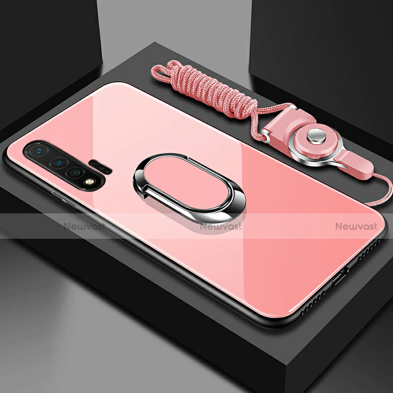 Silicone Frame Mirror Case Cover with Magnetic Finger Ring Stand T01 for Huawei Nova 6 Pink