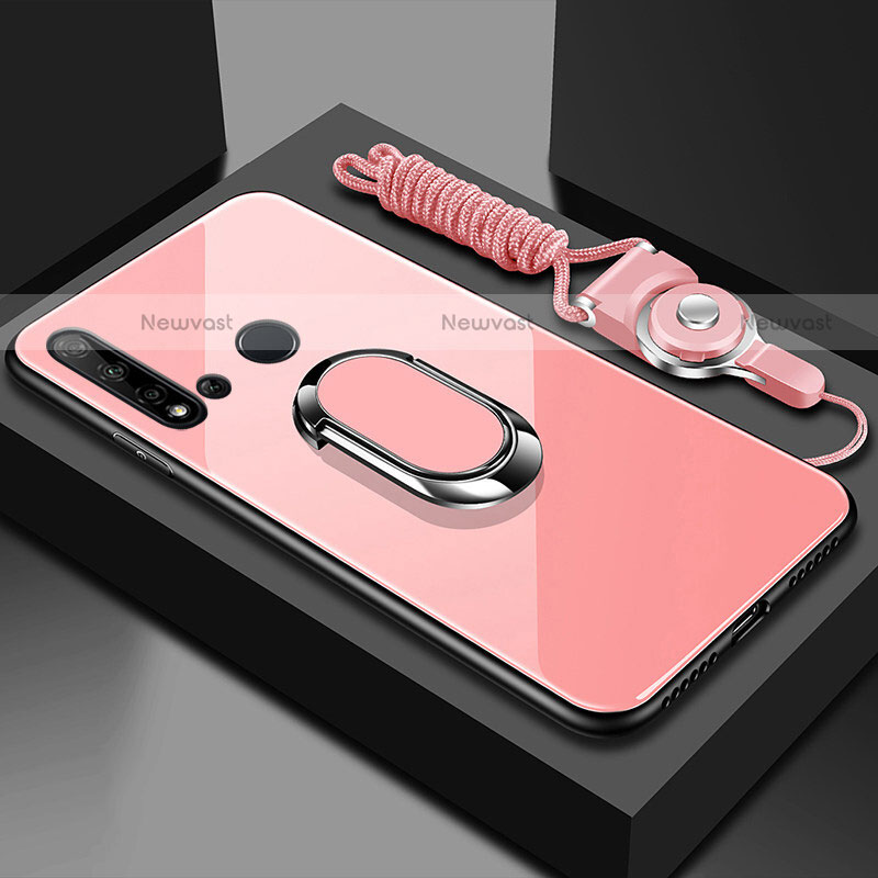 Silicone Frame Mirror Case Cover with Magnetic Finger Ring Stand T01 for Huawei P20 Lite (2019) Pink