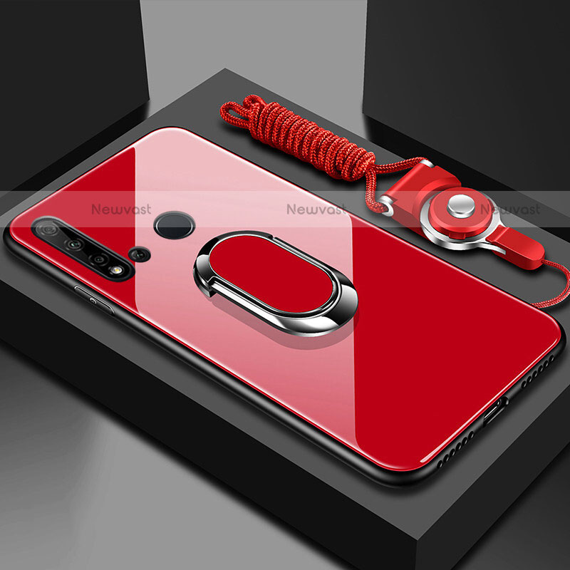 Silicone Frame Mirror Case Cover with Magnetic Finger Ring Stand T01 for Huawei P20 Lite (2019) Red