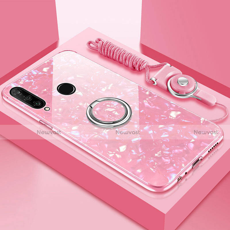 Silicone Frame Mirror Case Cover with Magnetic Finger Ring Stand T01 for Huawei P30 Lite New Edition Pink