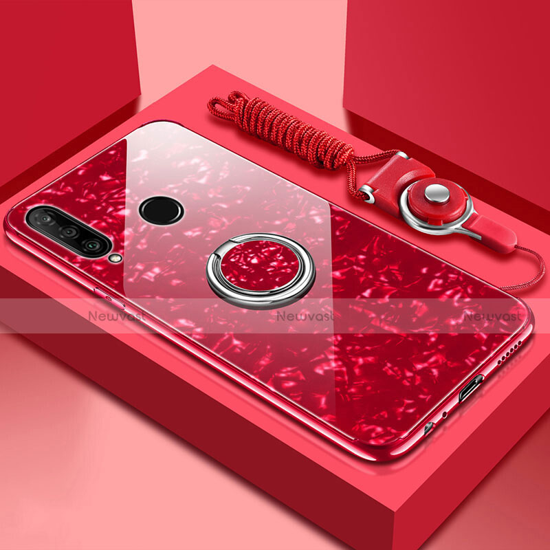 Silicone Frame Mirror Case Cover with Magnetic Finger Ring Stand T01 for Huawei P30 Lite Red