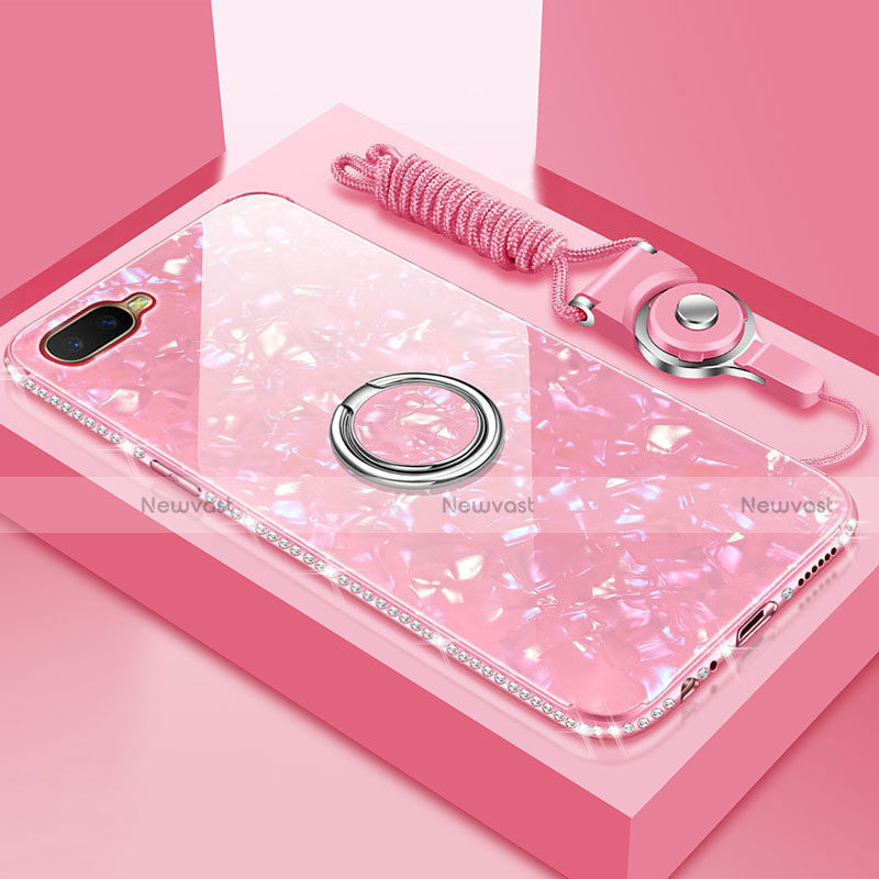 Silicone Frame Mirror Case Cover with Magnetic Finger Ring Stand T01 for Oppo K1 Pink