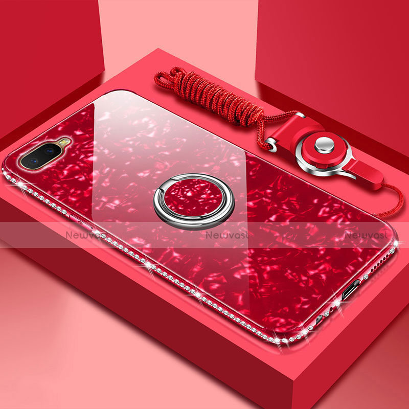 Silicone Frame Mirror Case Cover with Magnetic Finger Ring Stand T01 for Oppo R15X Red