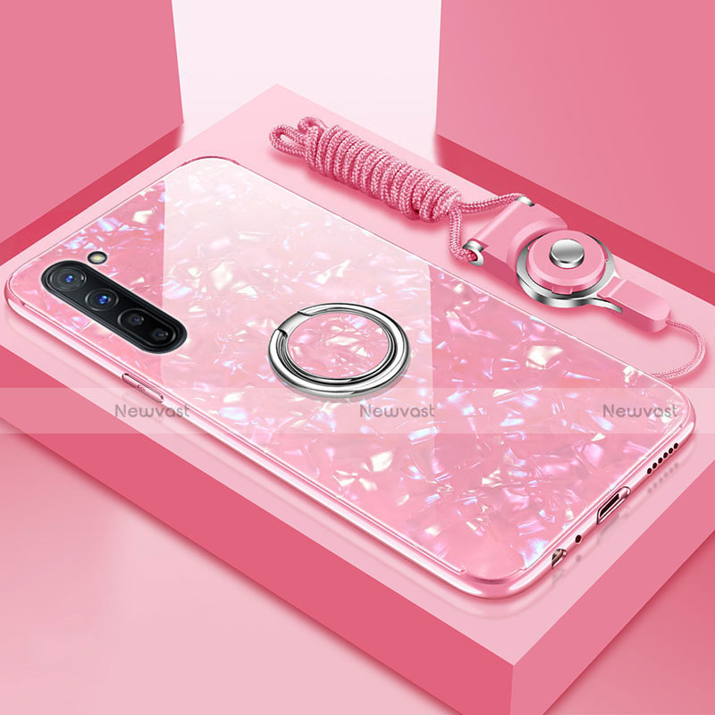 Silicone Frame Mirror Case Cover with Magnetic Finger Ring Stand T01 for Oppo Reno3 Pink