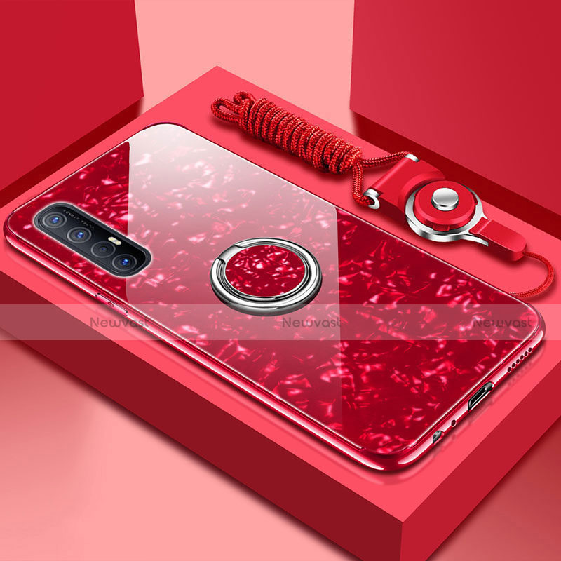 Silicone Frame Mirror Case Cover with Magnetic Finger Ring Stand T01 for Oppo Reno3 Pro Red