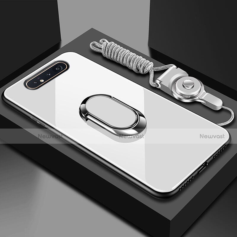 Silicone Frame Mirror Case Cover with Magnetic Finger Ring Stand T01 for Samsung Galaxy A80 White