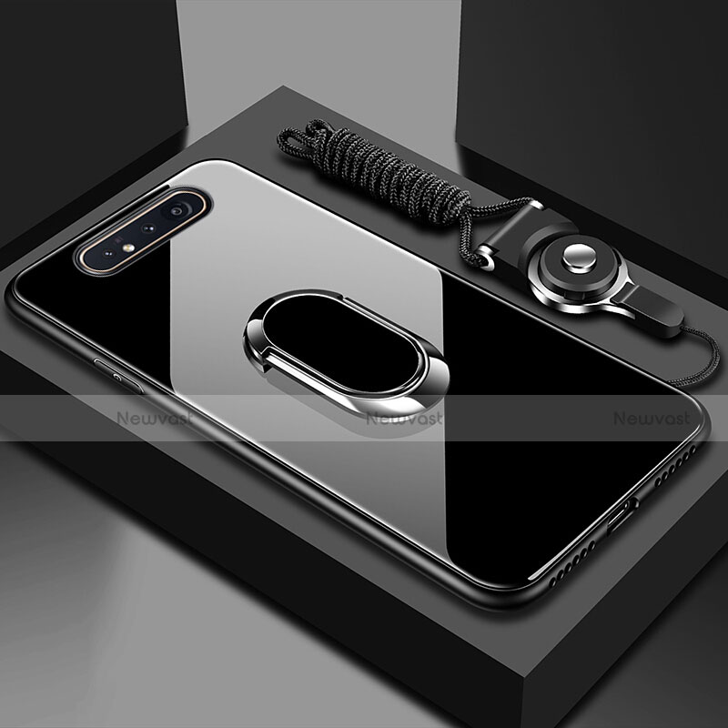 Silicone Frame Mirror Case Cover with Magnetic Finger Ring Stand T01 for Samsung Galaxy A90 4G Black