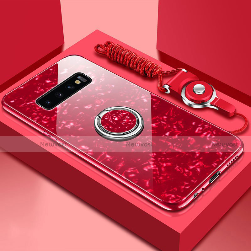 Silicone Frame Mirror Case Cover with Magnetic Finger Ring Stand T01 for Samsung Galaxy S10 5G Red