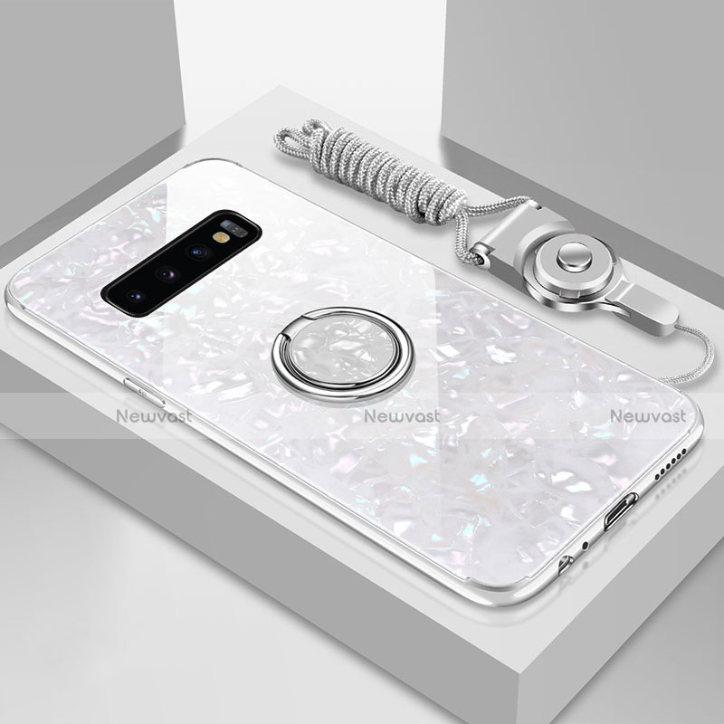 Silicone Frame Mirror Case Cover with Magnetic Finger Ring Stand T01 for Samsung Galaxy S10 5G White