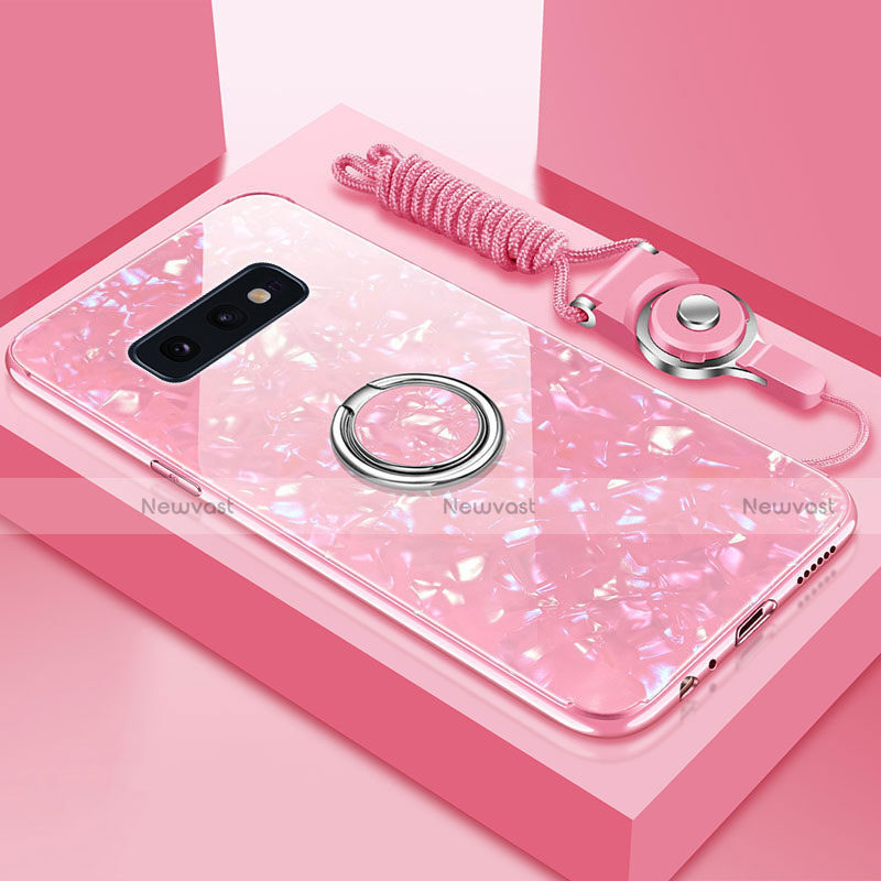 Silicone Frame Mirror Case Cover with Magnetic Finger Ring Stand T01 for Samsung Galaxy S10e Pink