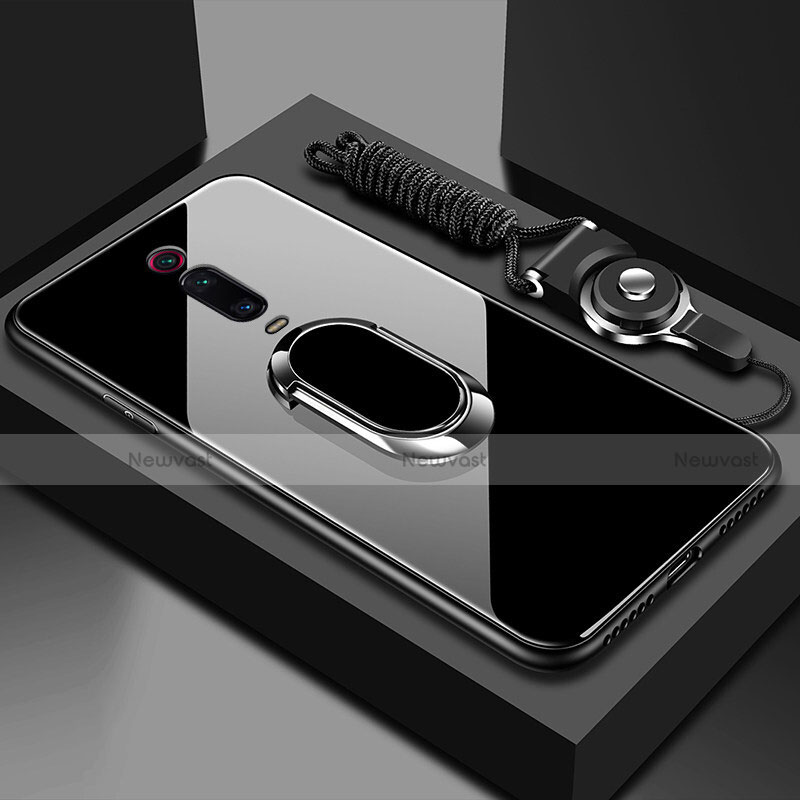 Silicone Frame Mirror Case Cover with Magnetic Finger Ring Stand T01 for Xiaomi Mi 9T Black