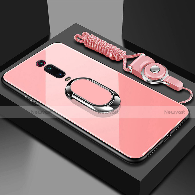 Silicone Frame Mirror Case Cover with Magnetic Finger Ring Stand T01 for Xiaomi Redmi K20 Pro Pink