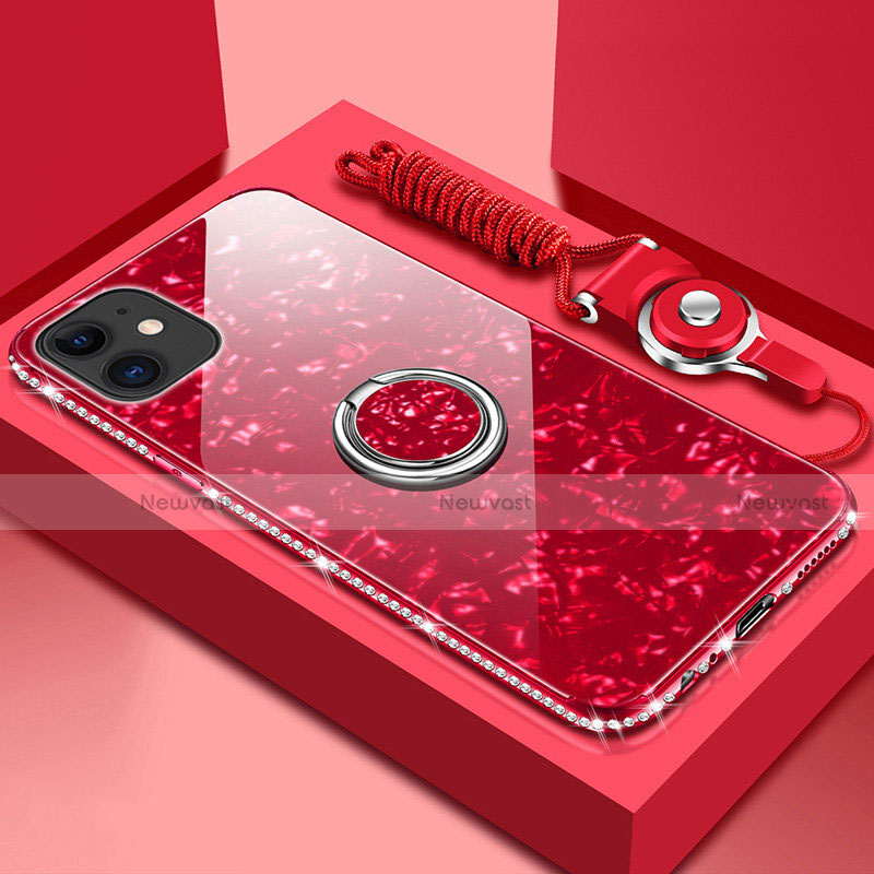 Silicone Frame Mirror Case Cover with Magnetic Finger Ring Stand T02 for Apple iPhone 11 Red