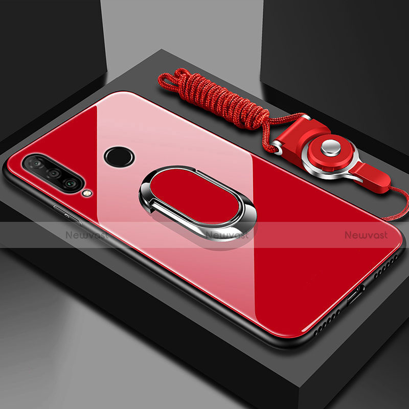 Silicone Frame Mirror Case Cover with Magnetic Finger Ring Stand T02 for Huawei Honor 20E Red