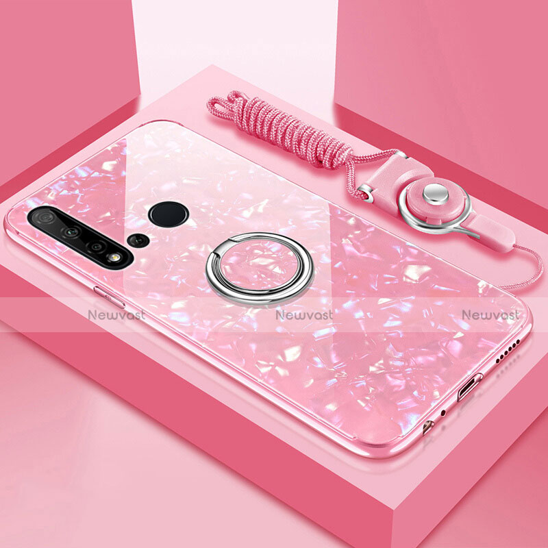 Silicone Frame Mirror Case Cover with Magnetic Finger Ring Stand T02 for Huawei Nova 5i Pink