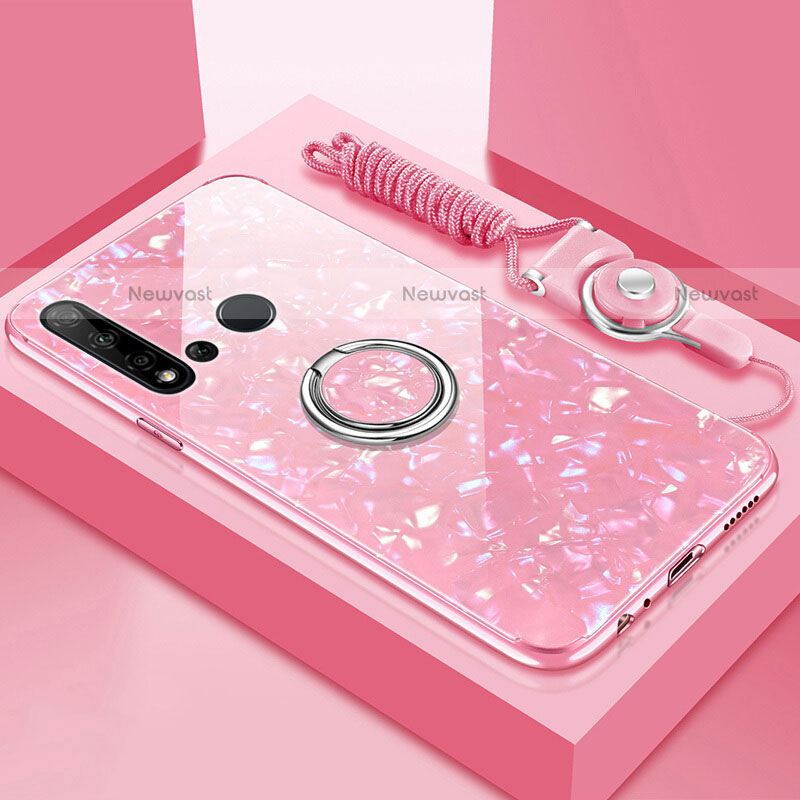 Silicone Frame Mirror Case Cover with Magnetic Finger Ring Stand T02 for Huawei P20 Lite (2019) Pink