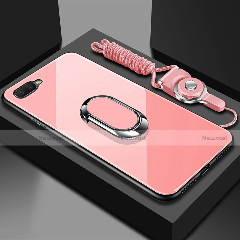 Silicone Frame Mirror Case Cover with Magnetic Finger Ring Stand T02 for Oppo K1 Pink