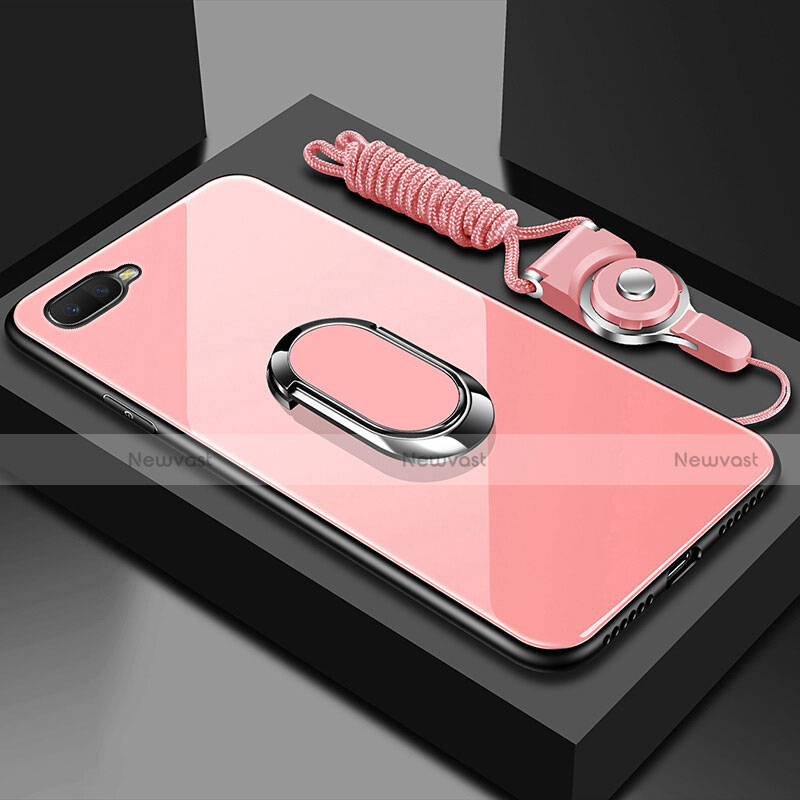 Silicone Frame Mirror Case Cover with Magnetic Finger Ring Stand T02 for Oppo R15X Pink