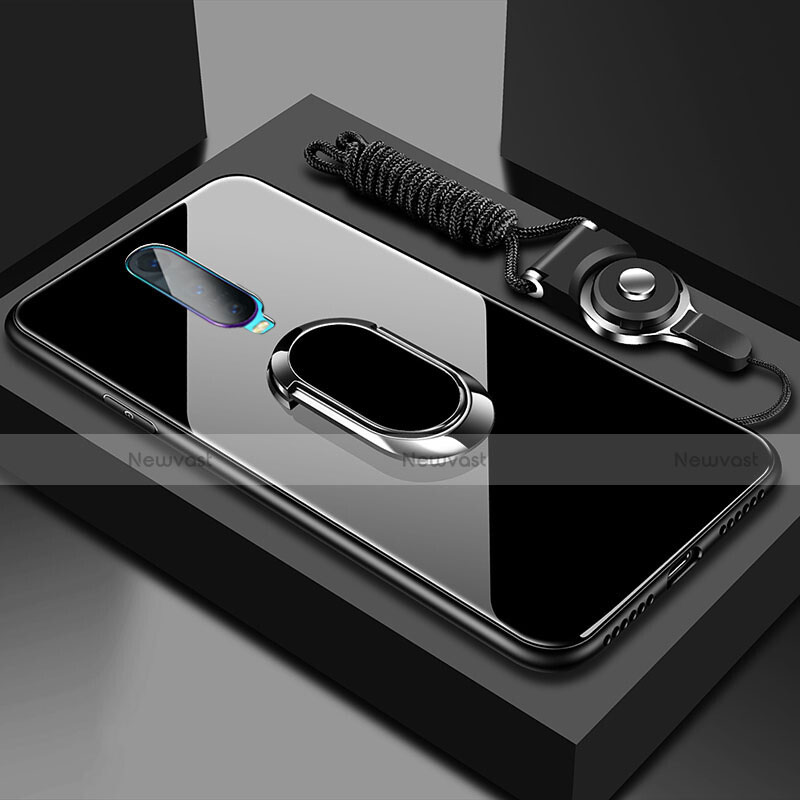 Silicone Frame Mirror Case Cover with Magnetic Finger Ring Stand T02 for Oppo RX17 Pro Black