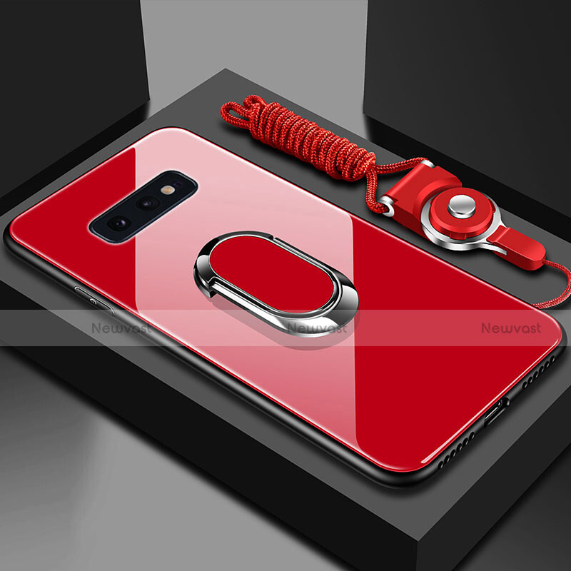 Silicone Frame Mirror Case Cover with Magnetic Finger Ring Stand T02 for Samsung Galaxy S10e Red