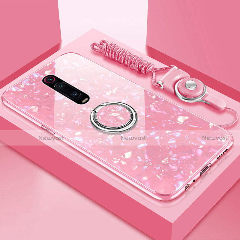 Silicone Frame Mirror Case Cover with Magnetic Finger Ring Stand T02 for Xiaomi Redmi K20 Pro Pink