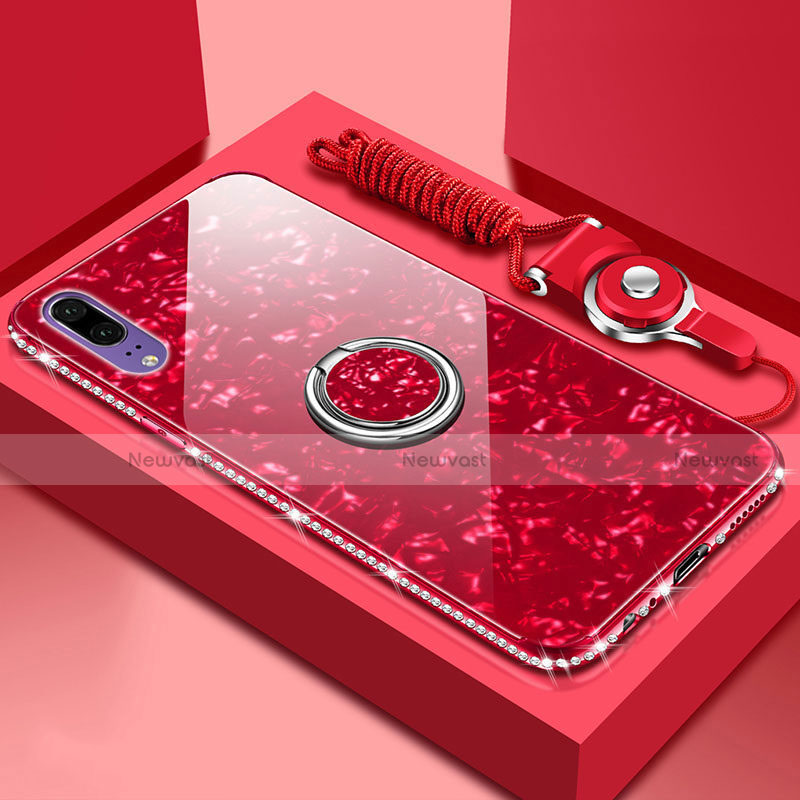 Silicone Frame Mirror Case Cover with Magnetic Finger Ring Stand T03 for Huawei P20 Red