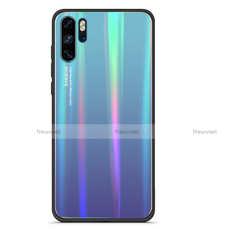 Silicone Frame Mirror Rainbow Gradient Case Cover for Huawei P30 Pro New Edition Cyan