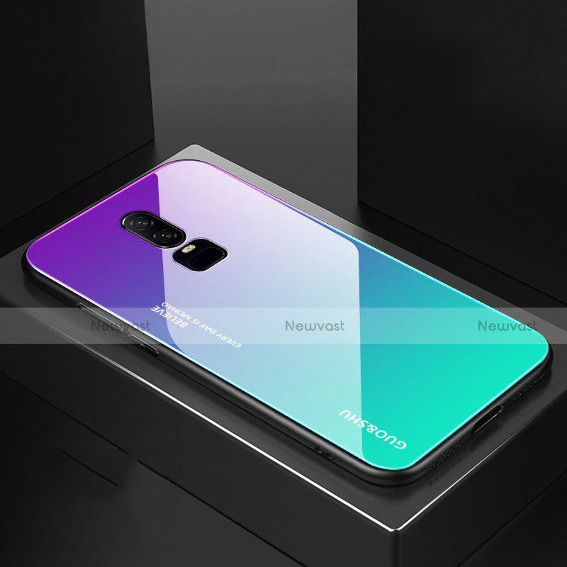 Silicone Frame Mirror Rainbow Gradient Case Cover for OnePlus 6 Cyan